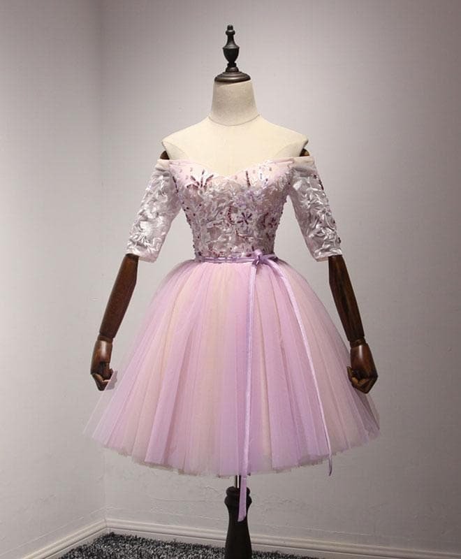 Pink Tulle Lace Short A Line Prom Dress, Homecoming Dress