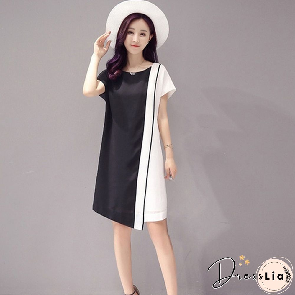 Summer Women Fashion Chiffon Mini Dress Black White Short Sleeve O-Neck Dress