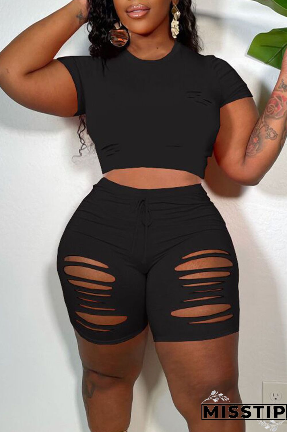 Black Casual Solid Ripped Patchwork O Neck Short Sleeve Two Pieces