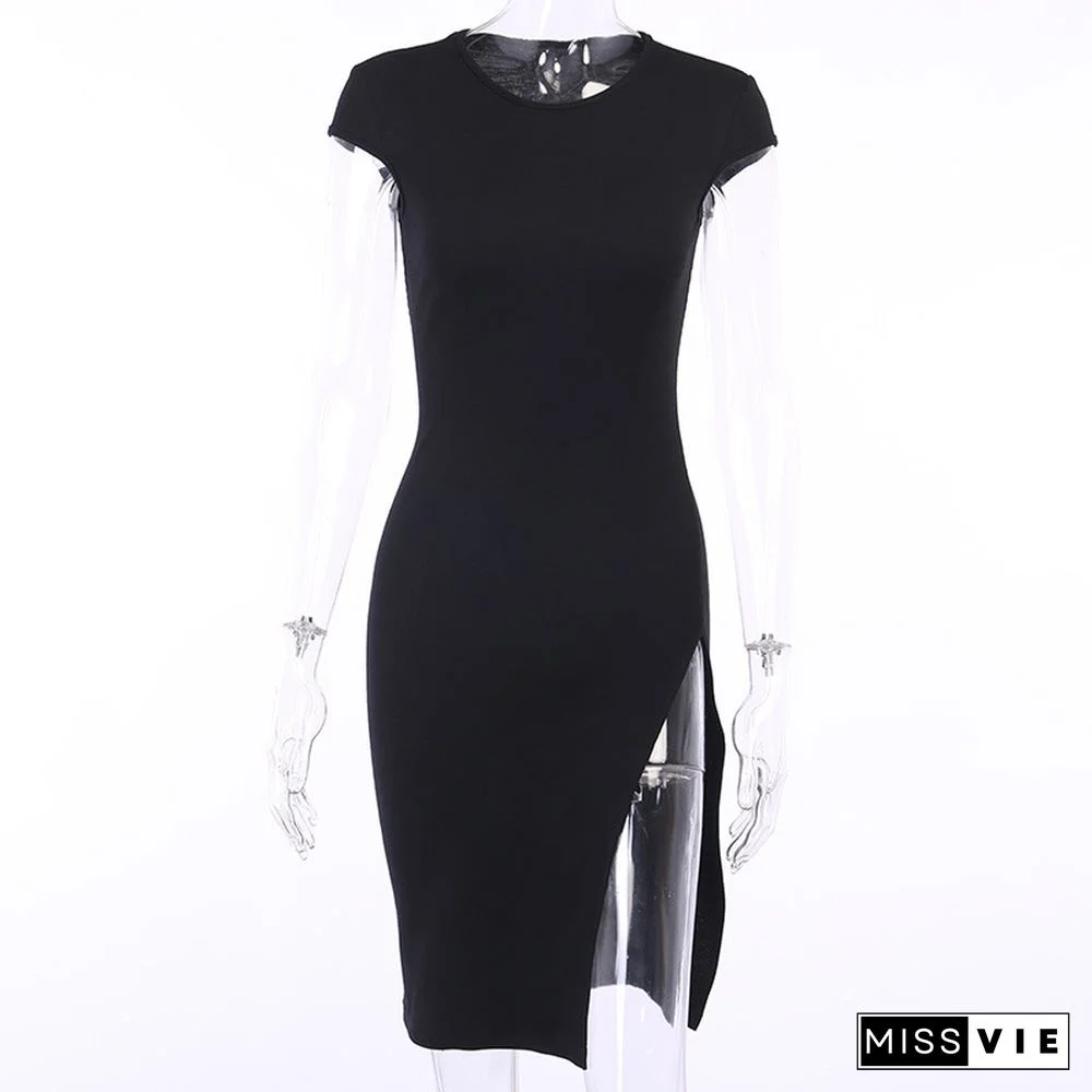 Women Short Summer Vintage White Dress Casual Split Office Summer Dress Black Elegant Ladies Dresses Cotton Women Club