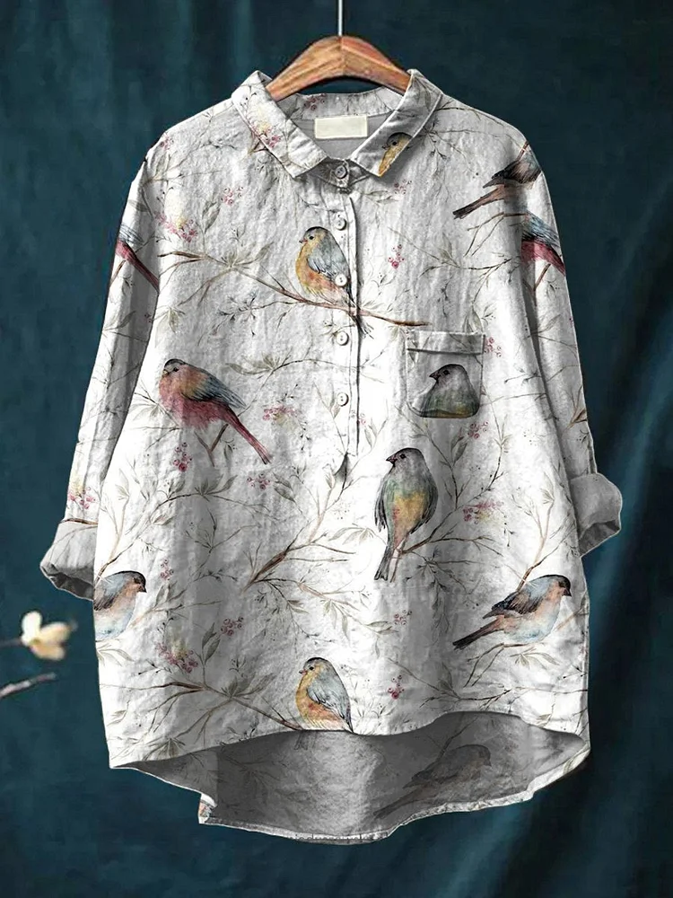 Women's Floral Bird Art Print Casual Cotton And Linen Shirt