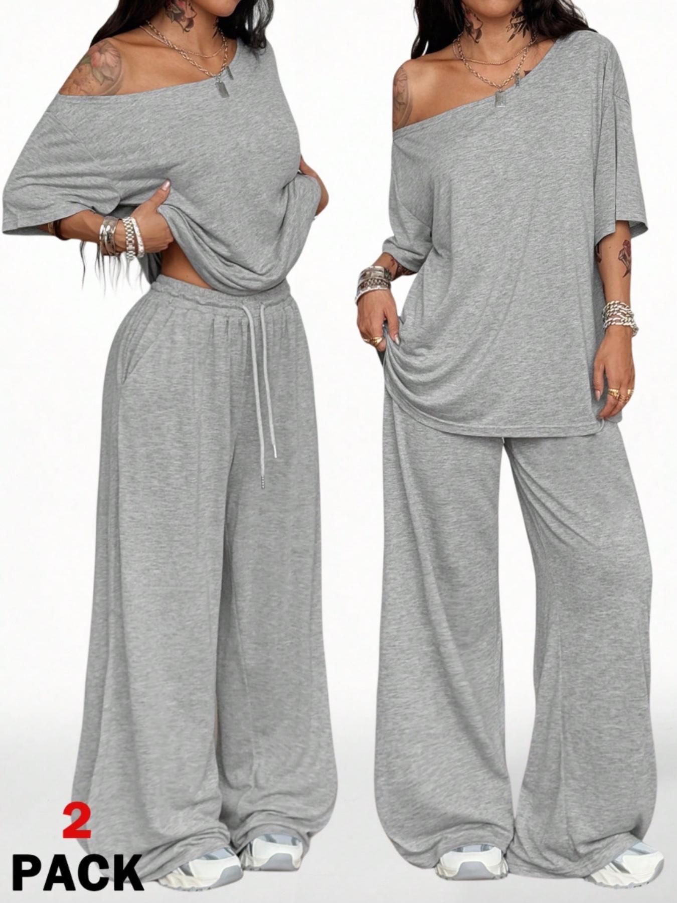 2pcs/Set Women's Minimalist Basic Casual Daily Wear Everyday Going Out Sport Comfortable Baggy Off Shoulder T-Shirt And Wide Leg Pants Two Pieces Outfits