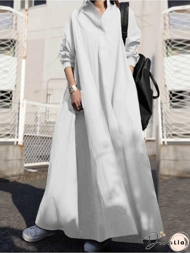 Cotton Linen Dress Casual Dress Swing Dress Maxi long Dress Cotton And Linen Basic Casual Daily Outdoor Winter Dress Daily Shirt Collar Pocket Long Sleeve Summer Spring Fall Loose Fit for Women