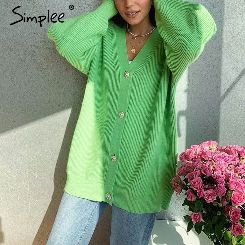 Simplee Casual long knitted cardigan female autumn winter Loose lantern sleeve sweater cardigan Basic white button women's tops