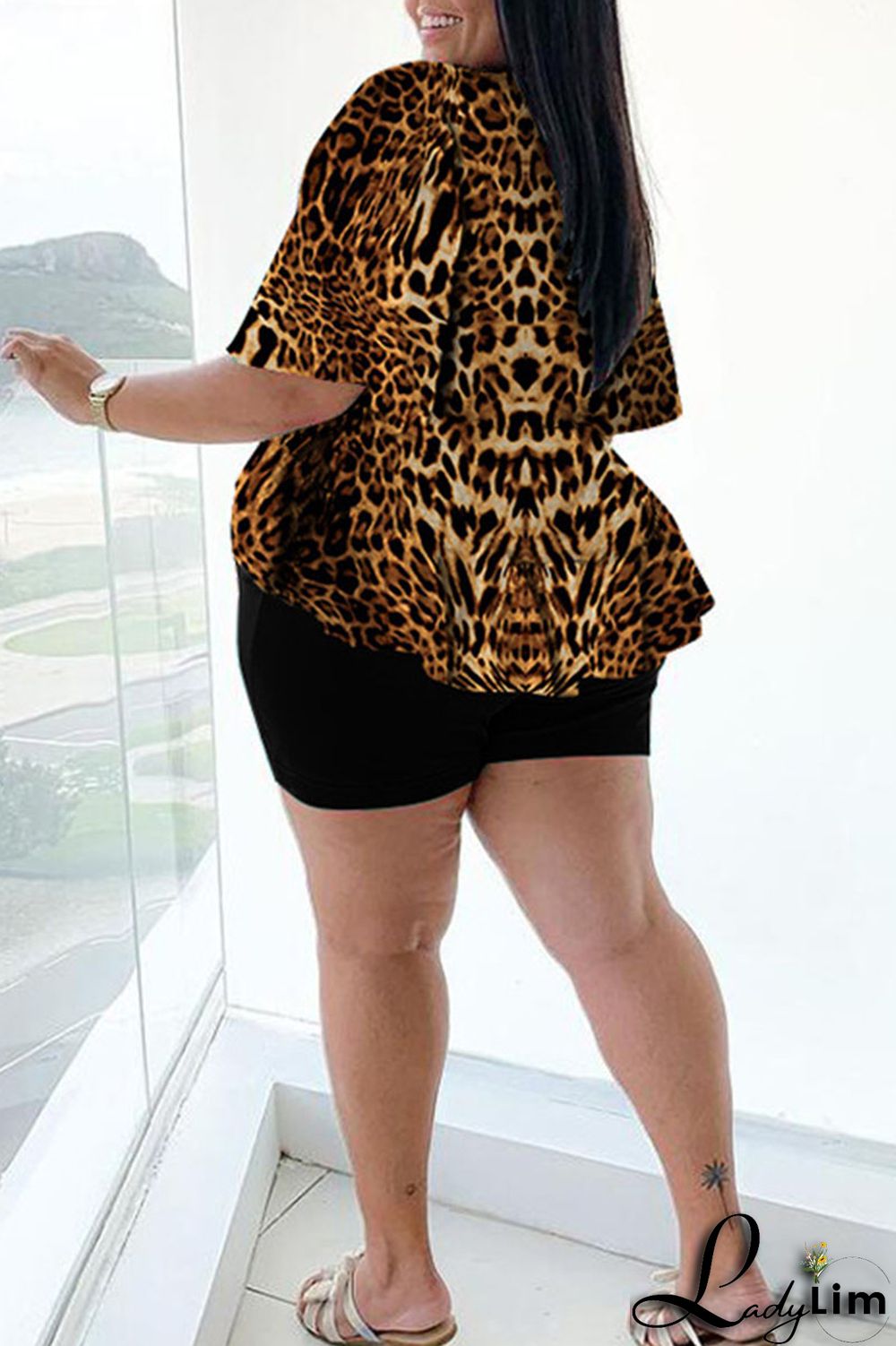 Leopard Print Sexy Print Bandage Split Joint Asymmetrical V Neck Plus Size Two Pieces