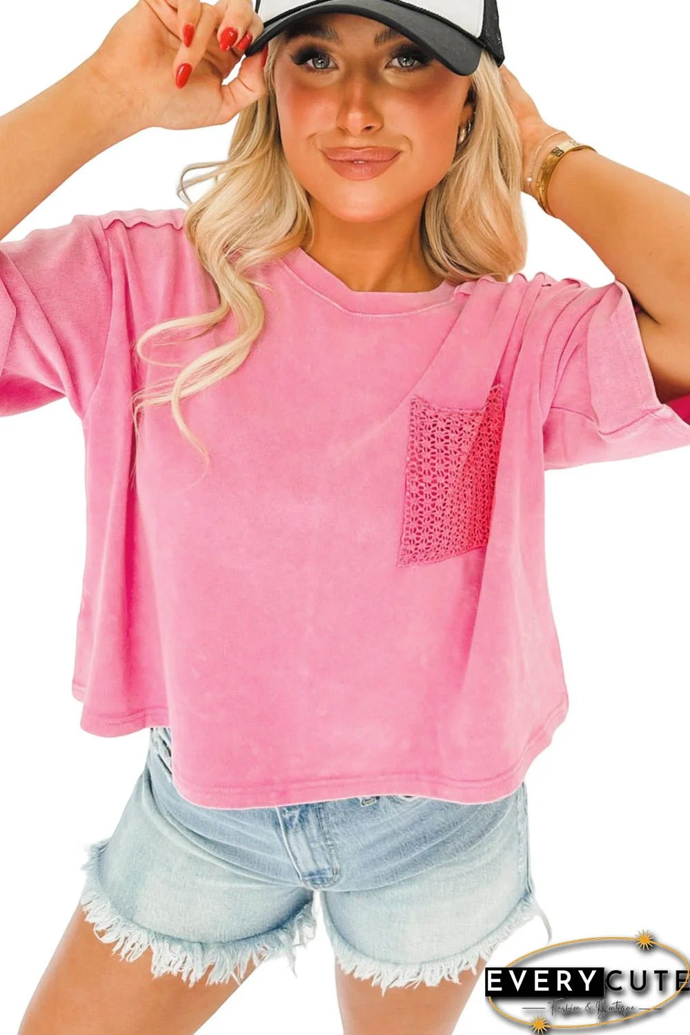 Pink Acid Wash Lace Patch Pocket T-Shirt