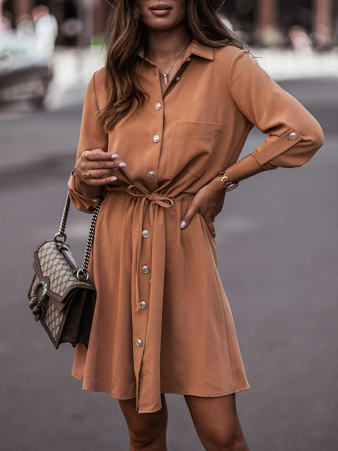 Solid-Color Midi Dress with Waist Cinch and Button Cuff