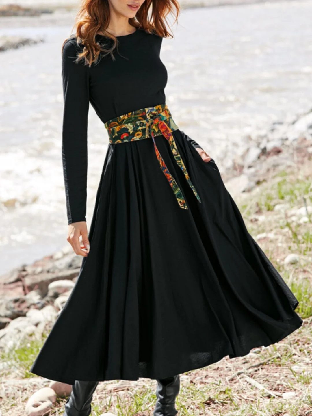 Women Casual Plain Autumn Belt Natural Midi Long sleeve Crew Neck Regular Dresses