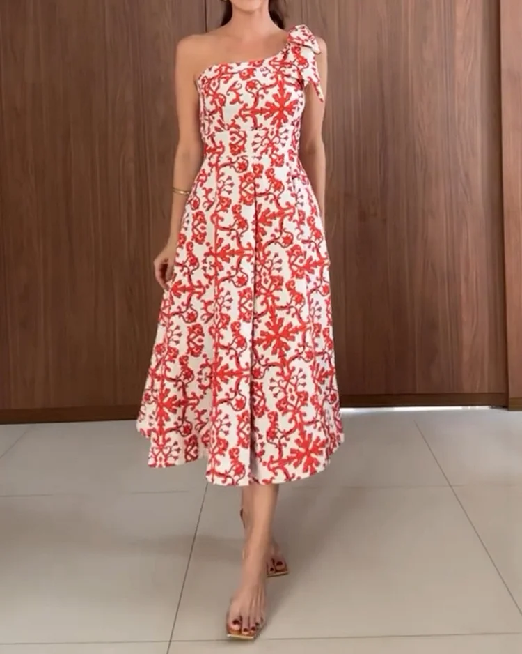 Women's printed one shoulder bow dress