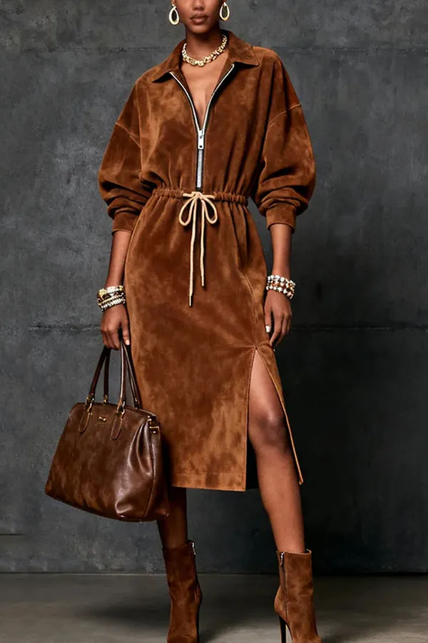 Stylish Suede Lapel Zipper Wst Tie Casual Midi Dress