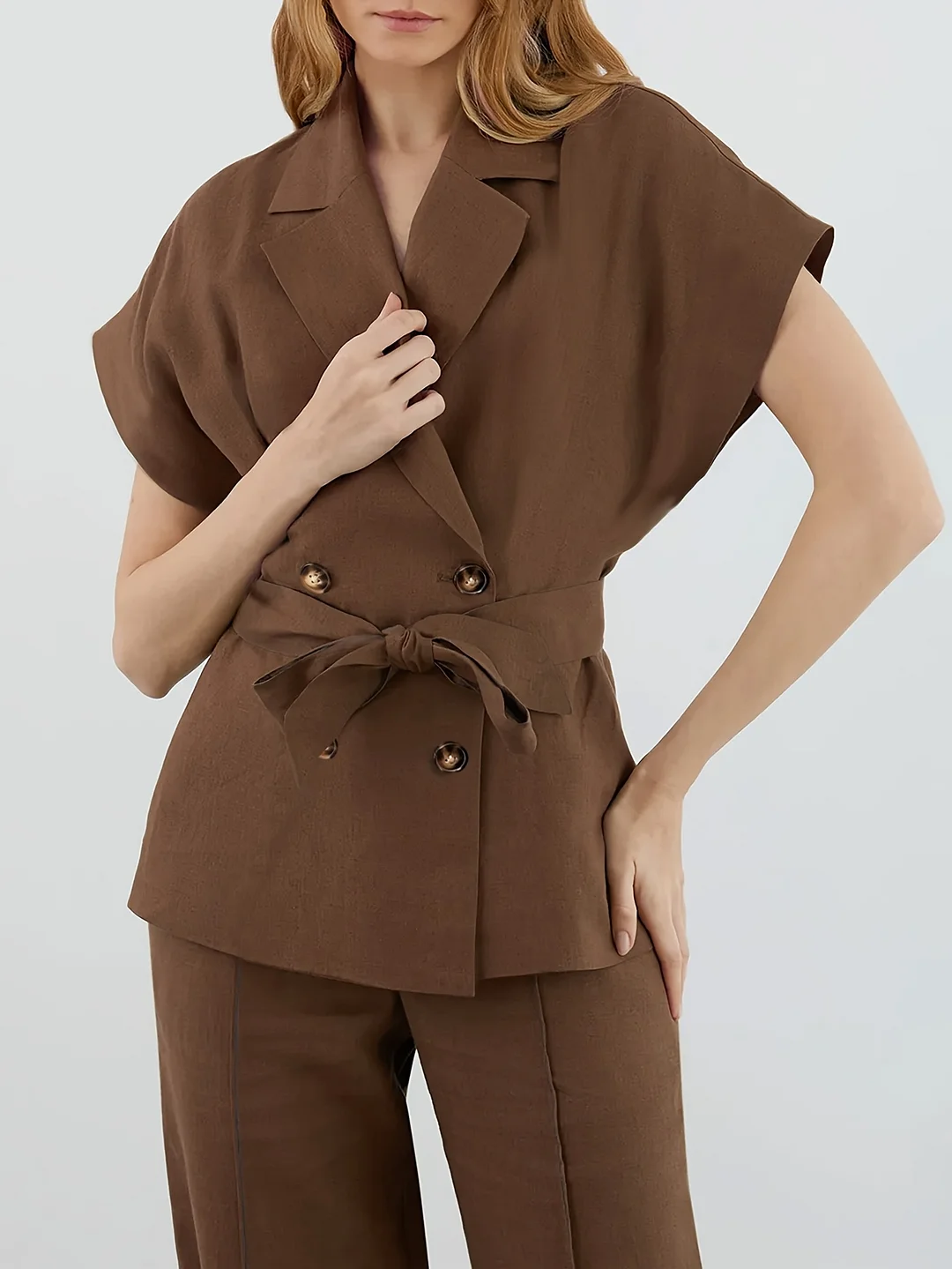 Women's Elegant Solid Color Sleeveless Blazer Jacket With Barge Collar, Button Front & Adjustable Bow Tie Waist - Loose Fit Machine-Washable Urban Commuter Office Casual Outerwear, Professional Attire | No Stretch Fabric | IFYHOME