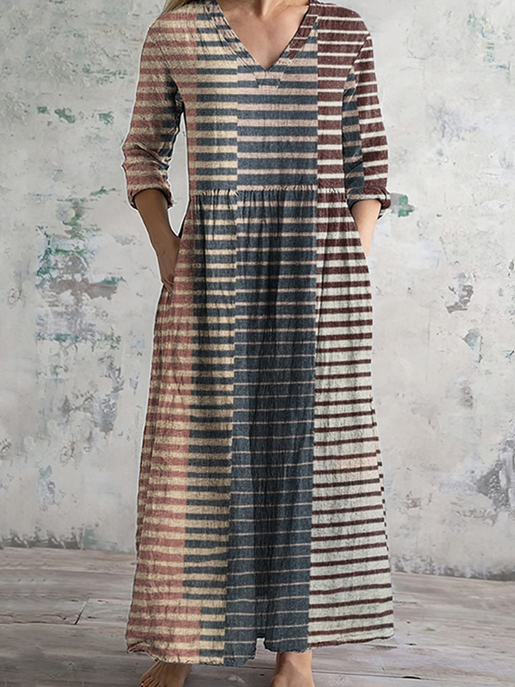Comstylish Vintage Striped Print V-neck Linen Blend Midi Dress