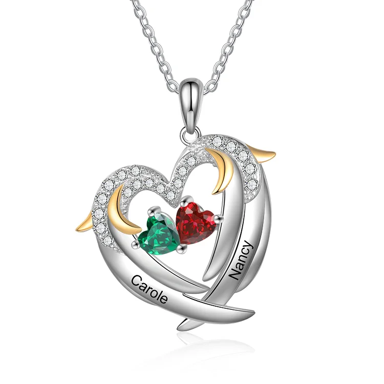 Personalized Heart Angel Wings Necklace with 2 Birthstones