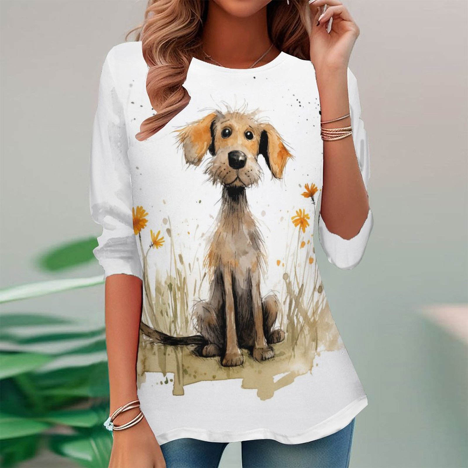 Women Long Sleeve V-neck Graphic Floral Printed Top