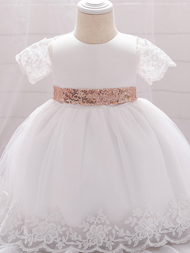 Ball Gown Floor Length Wedding / Party Christening Gowns - Lace / Satin / Tulle Sleeveless Jewel Neck With Bow(S) / Paillette