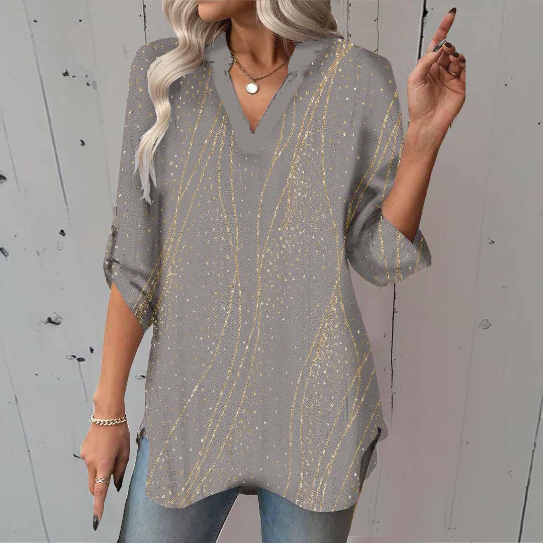 Women Abstract, Gold, Gray DZGA0653 3/4 Sleeve V-neck Printed Graphic Button Tops