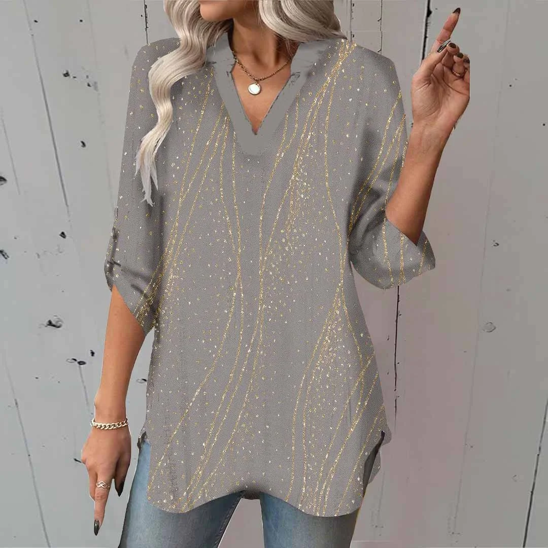 Women Abstract, Gold, Gray DZGA0653 3/4 Sleeve V-neck Printed Graphic Button Tops