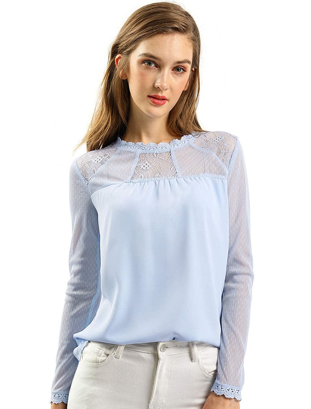 Women's Lace Floral Panel Long Sleeves Peasant Blouse Crew Neck Chiffon Top Shirt