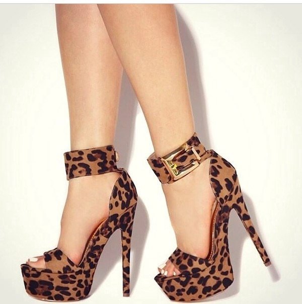 Leopard Print Heels Ankle Strap Open Toe Suede Platform Sandals |FSJ Shoes