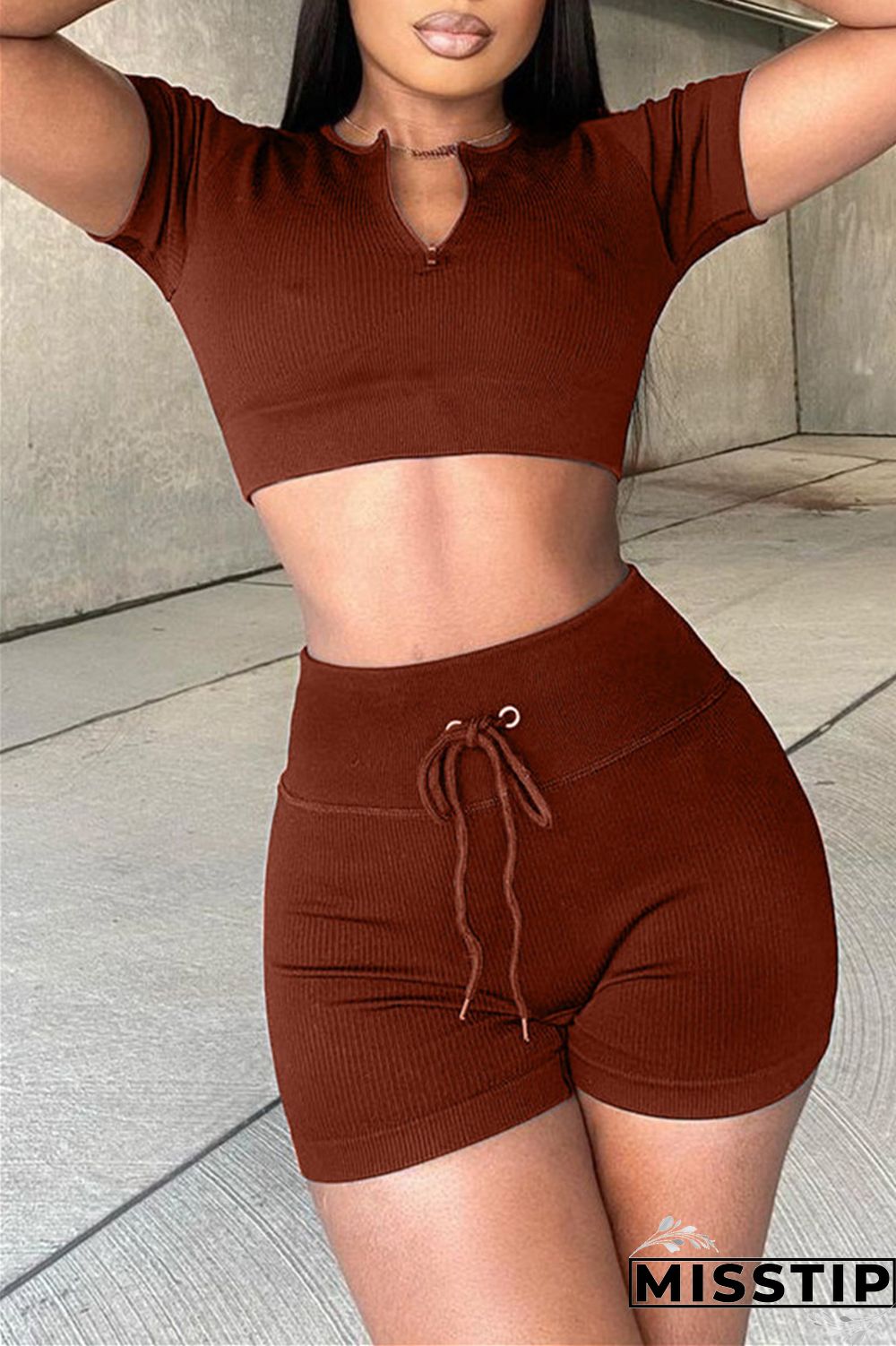 Black Fashion Casual Solid Basic V Neck Short Sleeve Two Pieces