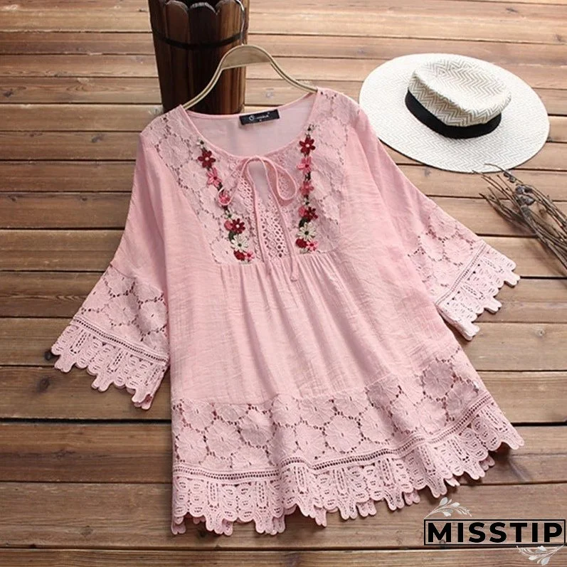 Women's Summer Cotton Linen Stitching Lace Elegant V-neck Blouses