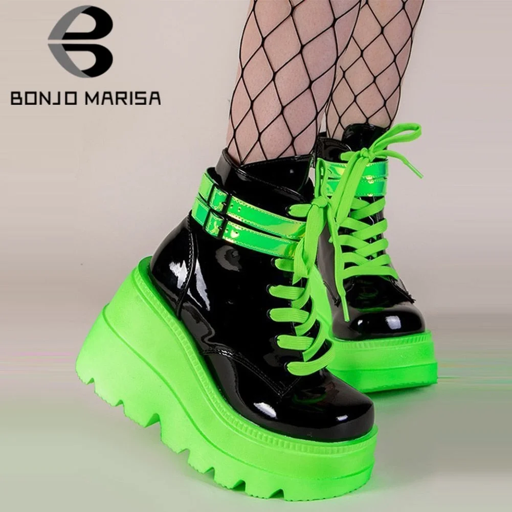 BONJOMARISA New Arrrivals Brand Platform High Wedges Motorcycle women's Boots Light Green Lace Up Punk Goth Autumn Winter Shoes