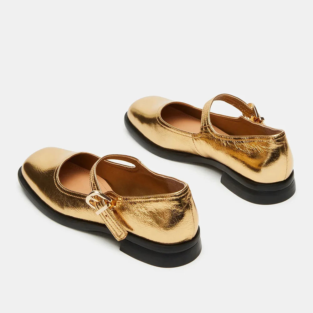 Gold Metallic Finish Square Toe Mary Jane Flats with Buckle Strap