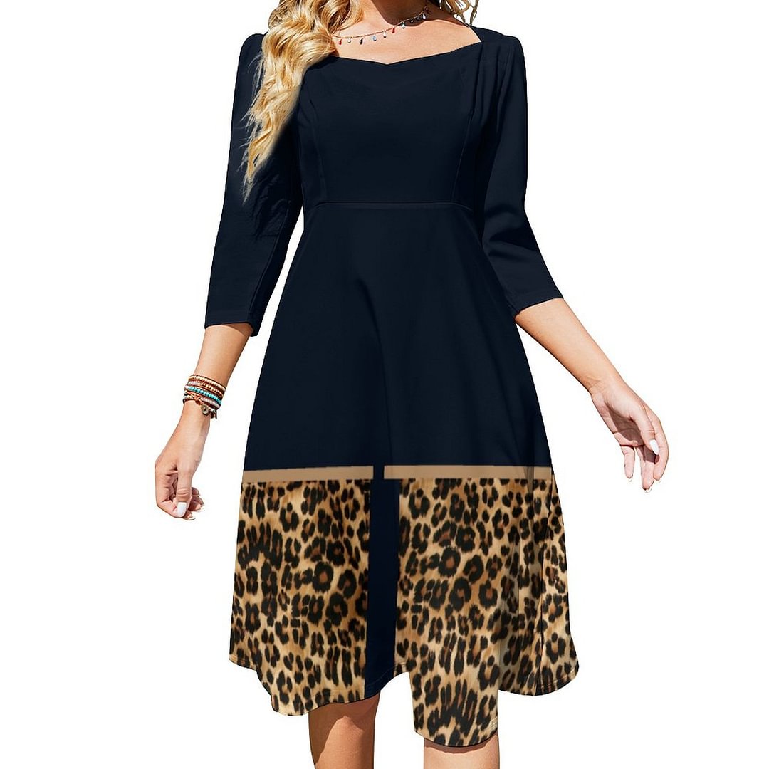 Womens Leopard Print Dress Sweetheart Tie Back Flared 3/4 Sleeve Midi Dresses