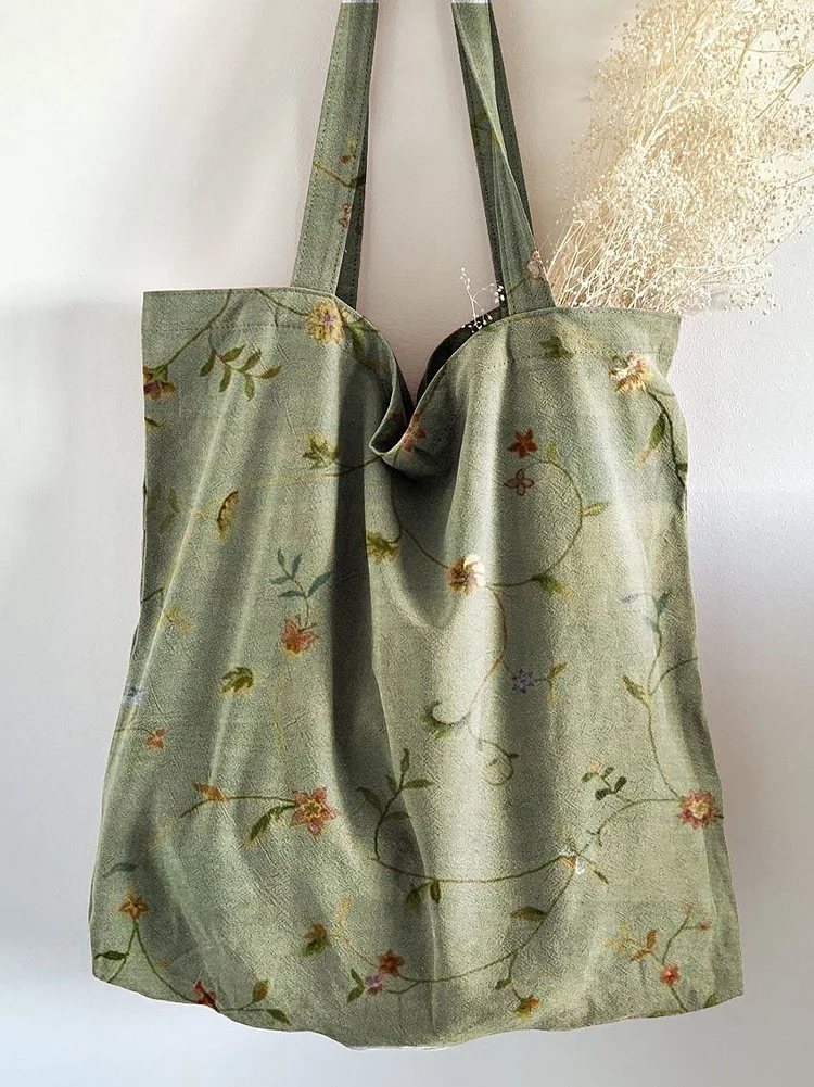 Retro Floral Linen Tote Bag