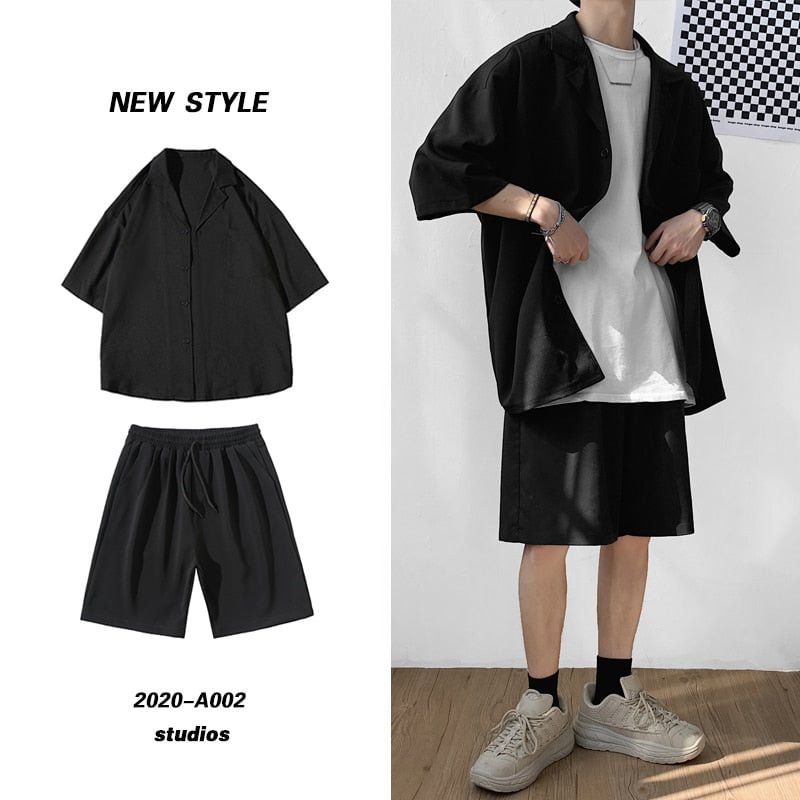 Woherb Korean Style Men's Set Suit Jacket and Shorts Solid Thin Short Sleeve Single Pocket Knee-Length Summer Oversized Clothing Man