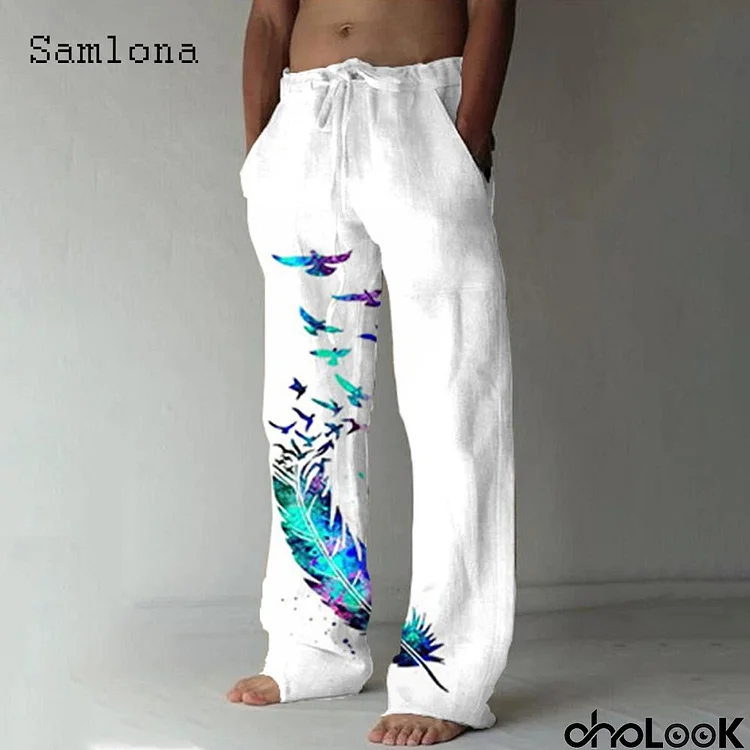 Men Pocket Design Linen Fabric Drawstring Loose Plus Size Fashion Feather Print Pants