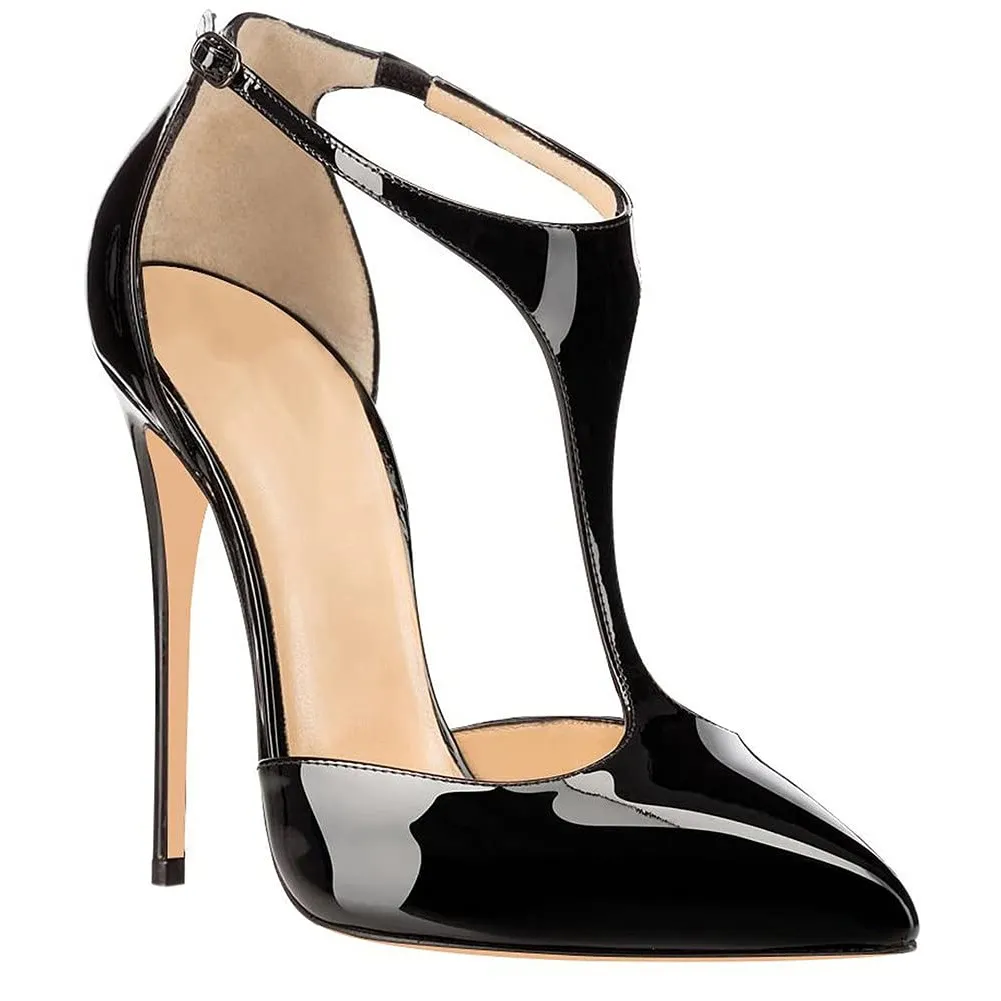 120mm Womens T-Strap Pumps High Heels Black Patent Pumps-vocosishoes