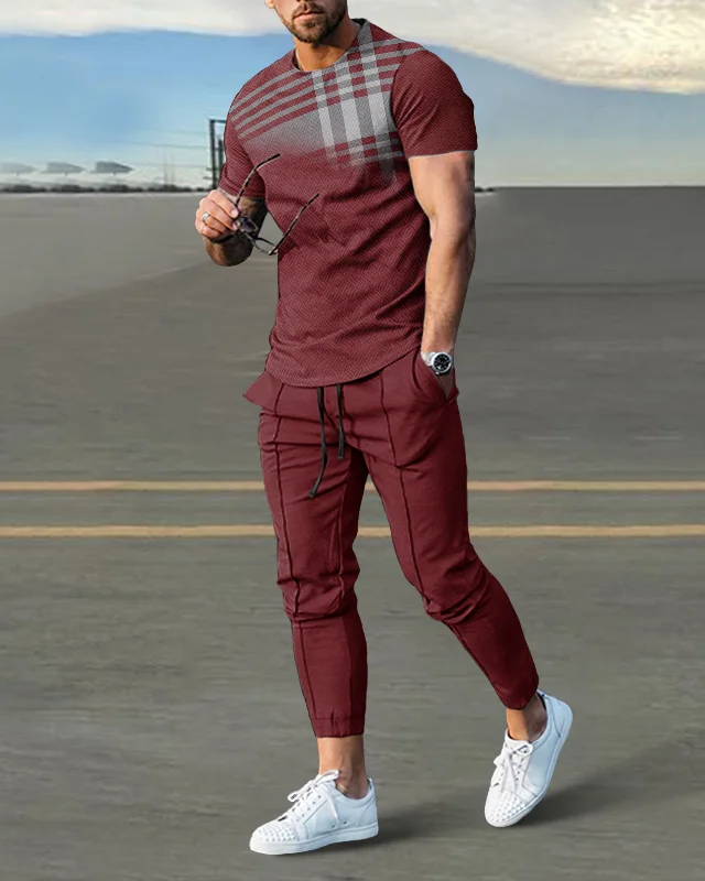 Suitmens Men's simple contrast color short-sleeved trousers suit 486