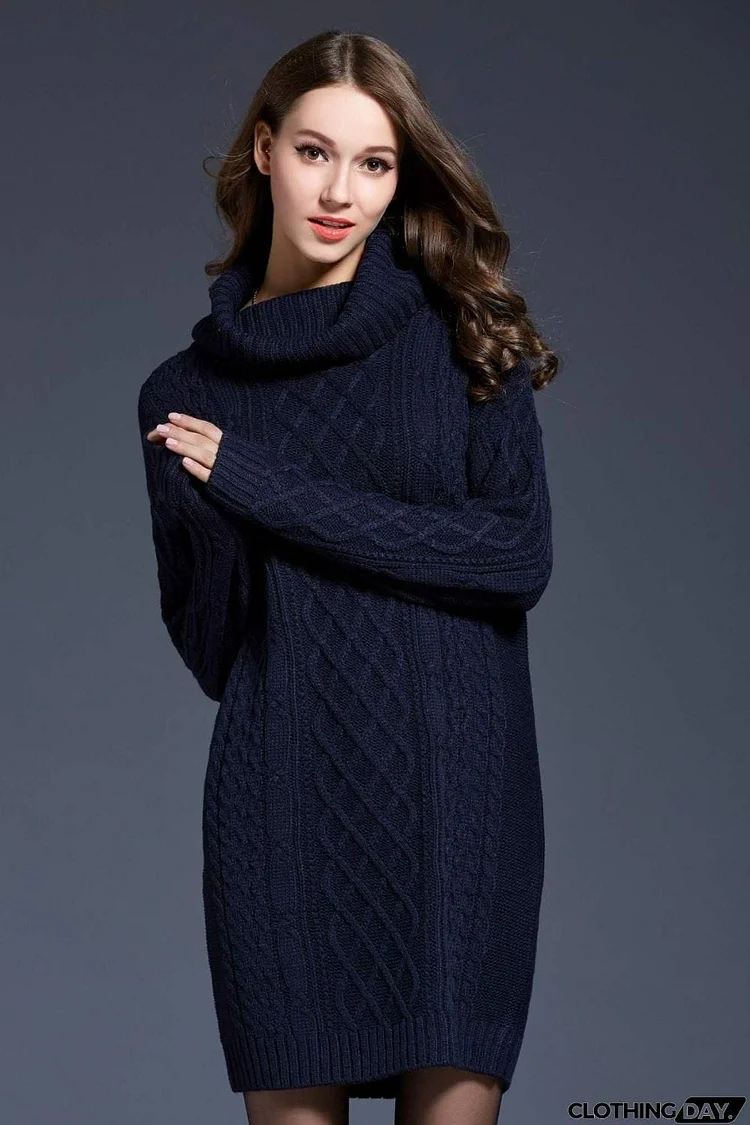 Full Size Mixed Knit Cowl Neck Dropped Shoulder Sweater Dress