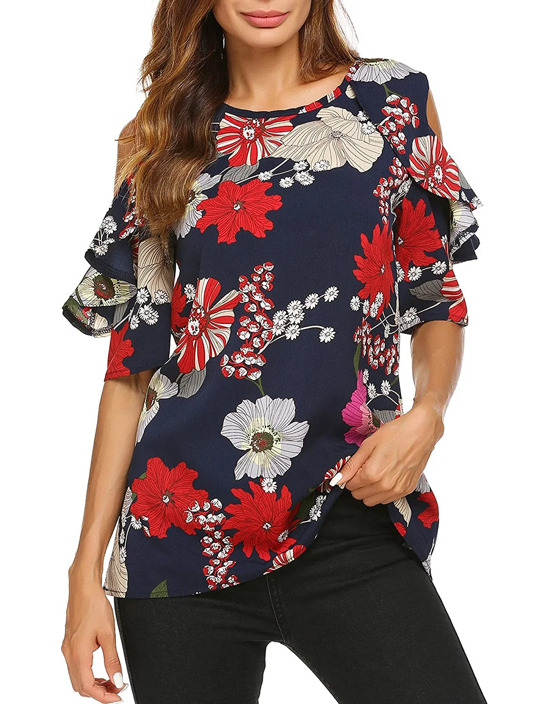 Women's Short Sleeve Casual Cold Shoulder Top Loose Blouse Tunic Tops