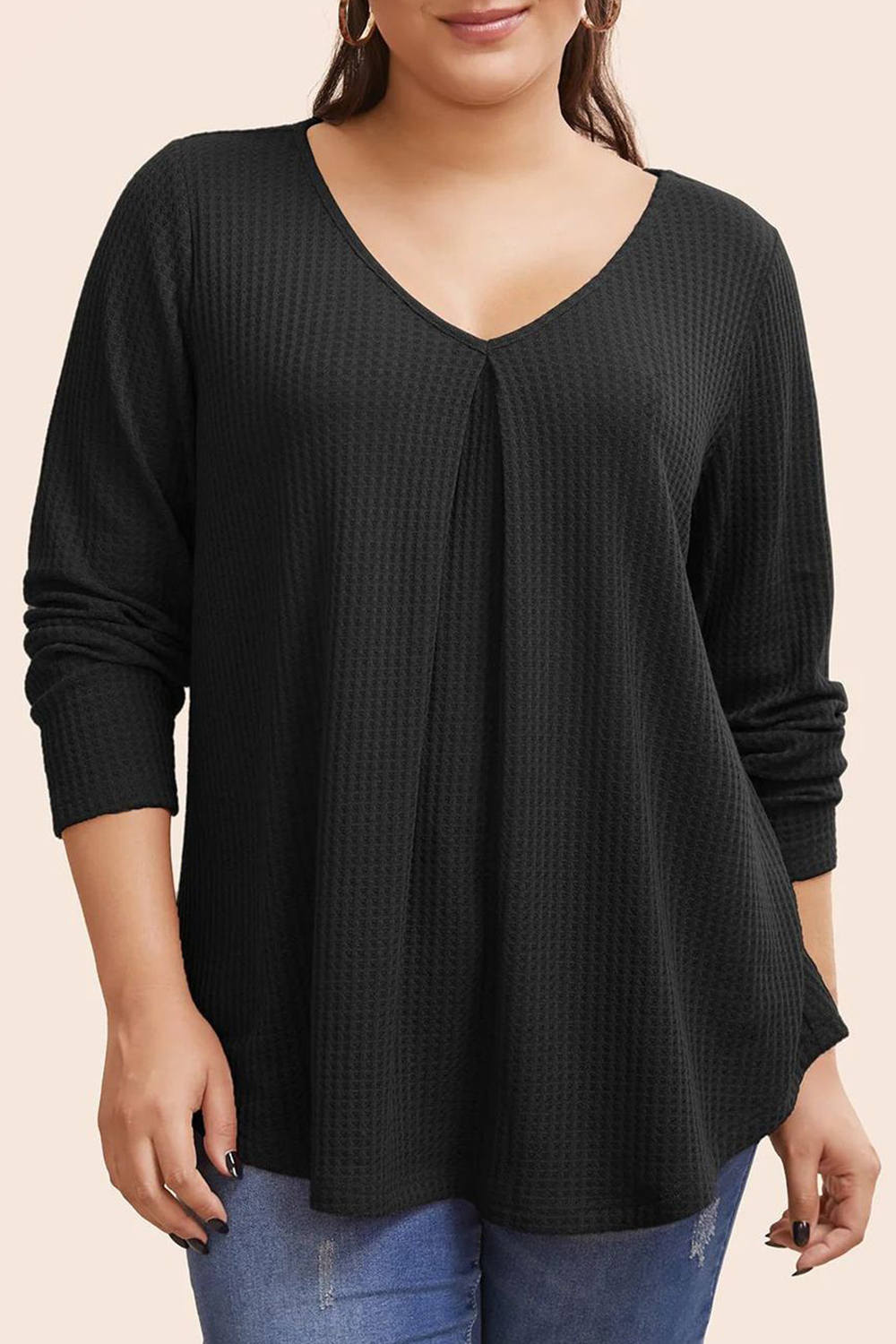 Plus Size Casual Black Waffle Long Sleeve Blouse