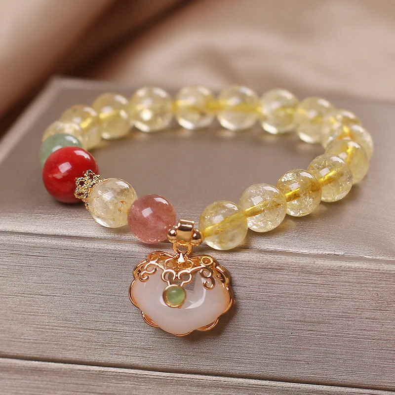 Natural Citrine White Jade Strawberry Quartz Protection Charm Bracelet