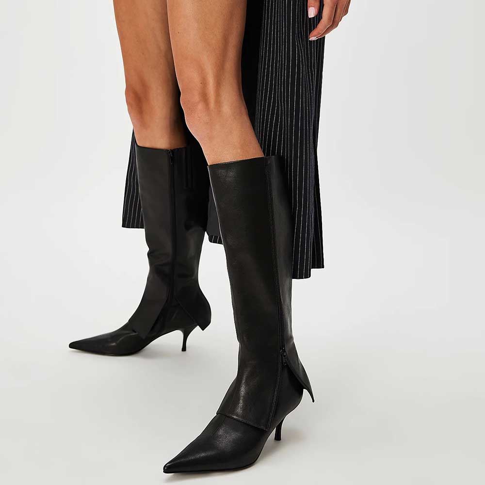 Fashion Pointed Toe Kitten Heel Fold-Over Knee High Boots in Black Nicepairs