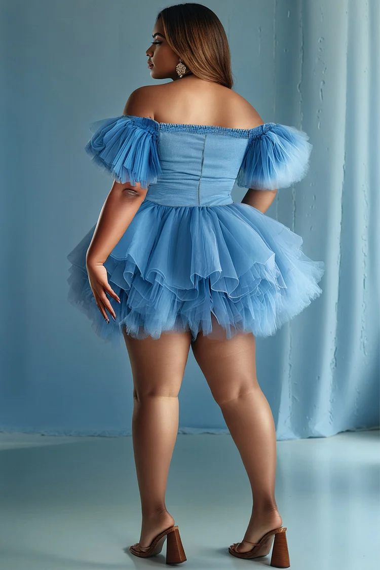 Xpluswear Design Plus Size Party Tulle Blue Off The Shoulder Short Sleeve Pleated Contrast Denim Mini Dresses [Pre-Order]