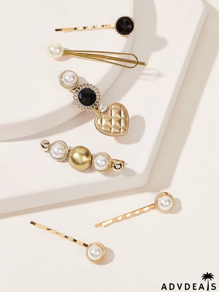 6pcs Faux Pearl & Heart Decor Hair Clip