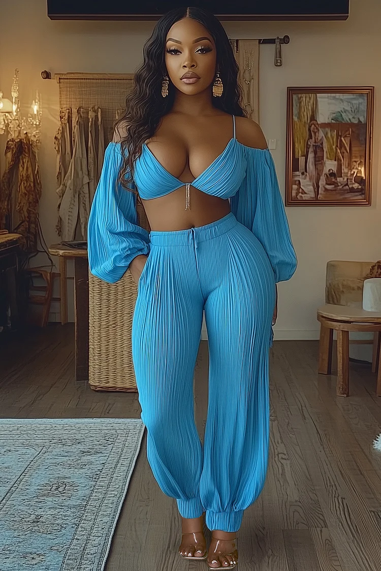 Cold Shoulder V Neck Top Folds Trousers Pants Vacay 2pcs Set-Blue [Pre Order]