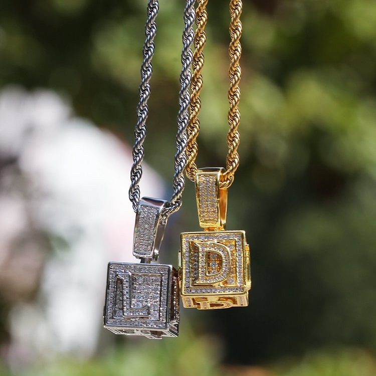 Iced Out Initials Square Block Letters Pendant Necklace
