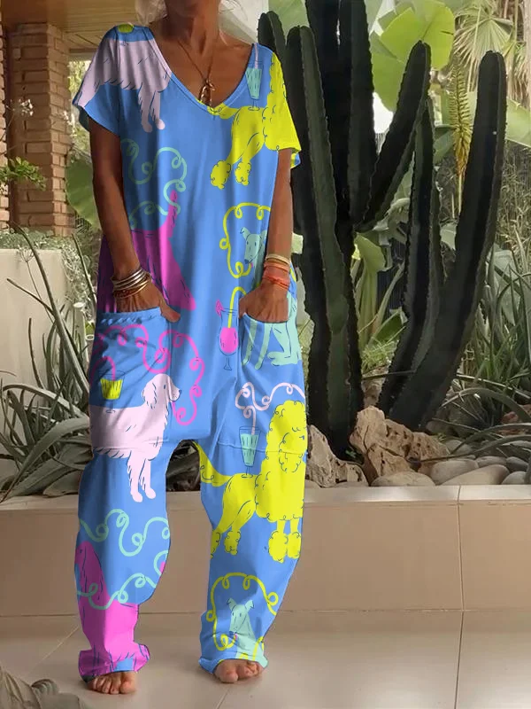 Casual Cartoon Dog Art Print V Neck Jumpsuit