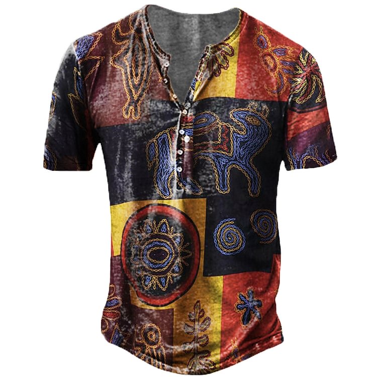 Men's Casual Vintage Ethnic Print Henley Collar T-Shirt