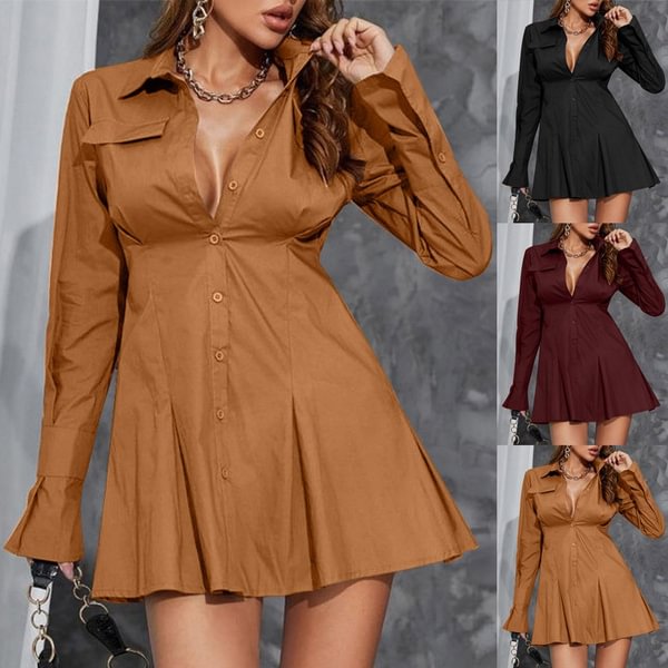 Womens Spring Autumn Mini Dress Long Sleeve Lapel Collar Party Elegant Casual Pleated Shirt Dress Plus Size - Life is Beautiful for You - SheChoic