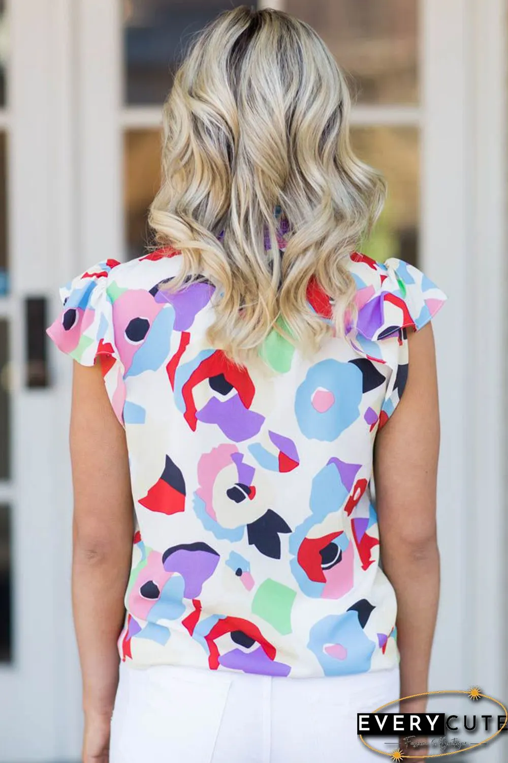 Multicolor Abstract Print Ruffle Sleeve Smocked Blouse