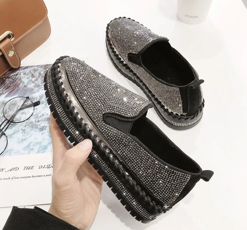 WDHKUN 2021 Brand European Fashion Espadrilles Shoes Woman Leather Creepers Flats Ladies Loafers Crystal Loafers G361