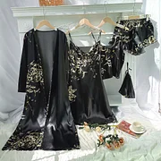 Areship Pink Print Flower 5PCS PAJAMAS SET Ice Slik Satin Home Clothing Robe&skirt&top&shorts Summer New Lingerie Lady Sexy Nightwear