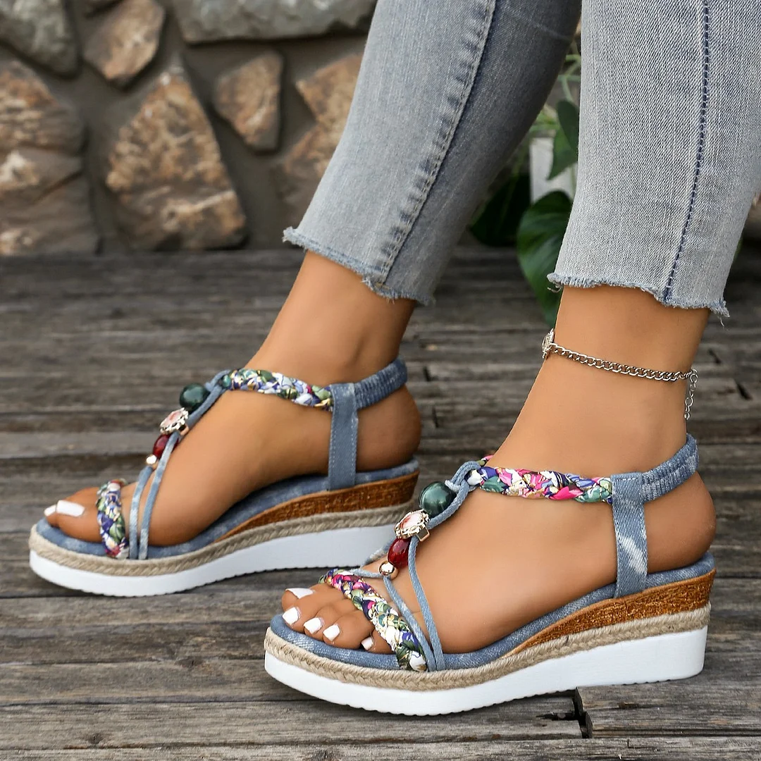 Breakj Breakj Bottom Slope Heel Sandals Women 2025 Summer New Bohemian Loose Tight Belt Fashion Casual Roman Sandals