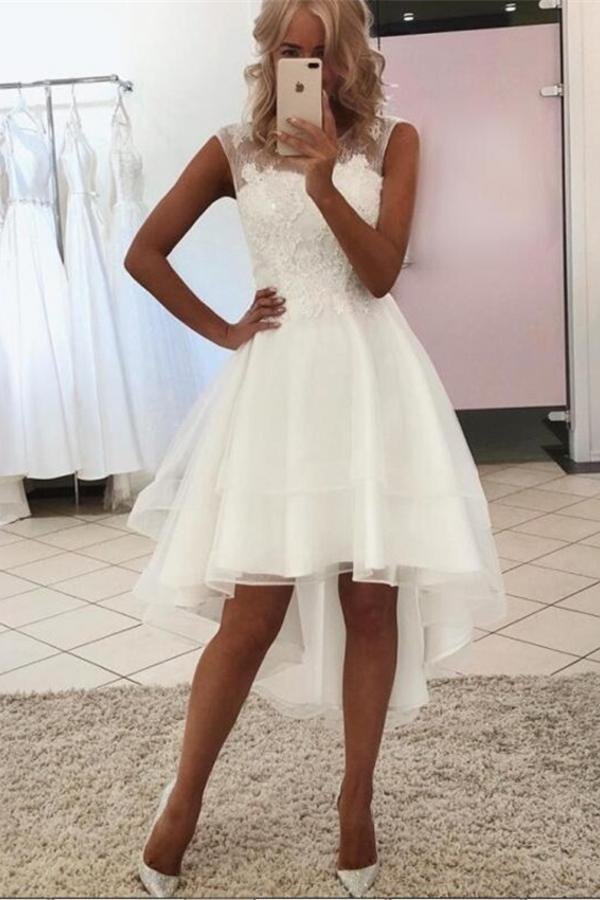 Elegant Bateau Sleeves Hi-Lo A-line Wedding Dress With Lace | Ballbellas Ballbellas